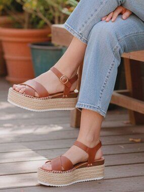 Tan Platform Espadrille Sandals With Buckle Strap Crisscross Upper & White Sole